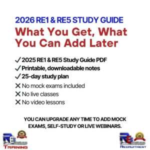 Comparison showing what is included in the RE1 and RE5 Study Guide versus mock exams and live classes that can be added later