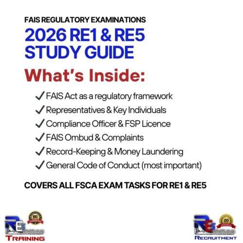 Overview of chapters in the re1 and re5 study guide covering fais act, roles, compliance, ombud, record-keeping and general code of conduct