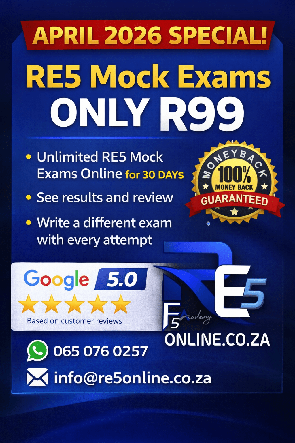 Re5 mock exams online south africa &ndash; unlimited practice tests with results review and r99 april 2026 special